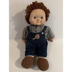 VINTAGE 24" Boy Doll - Vinyl head/hands - cloth body - overalls & plaid shirt